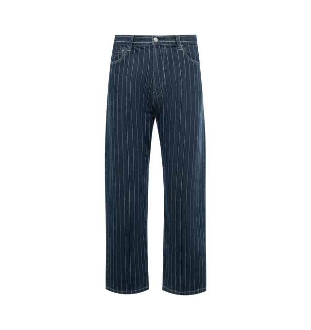 Image 1 of 3 - BLUE - CARHARTT WIP Orlean Stripe Jeans featuring durable nonstretch denim, faded wash with allover stripes, zip fly with button closure and five-pocket style. 100% cotton. 