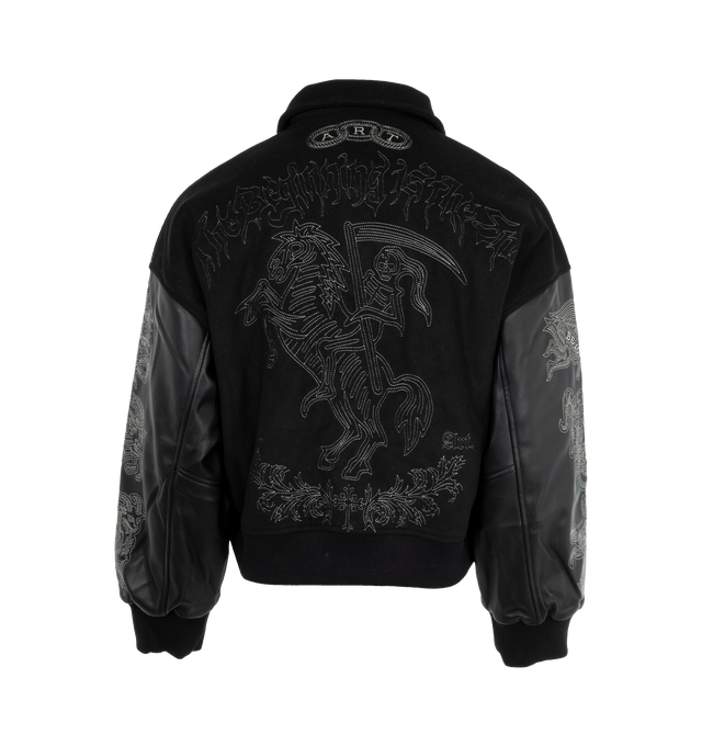 Image 2 of 3 - BLACK - UNTITLED ARTWORKS Angel Of Death Varsity Jacket featuring front press-stud fastening, embroidered motif, spread collar, drop shoulder, long leather sleeves, two side welt pockets, diamond quilting and ribbed cuffs and hem. 100% leather. 100% wool. 