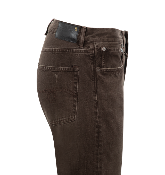 Image 2 of 4 - BROWN - R13 Boyfriend Jeans featuring vintage wash, midrise, five-pocket style, full length, straight legs, button zip fly and belt loops. 100% cotton. Made in Italy. 