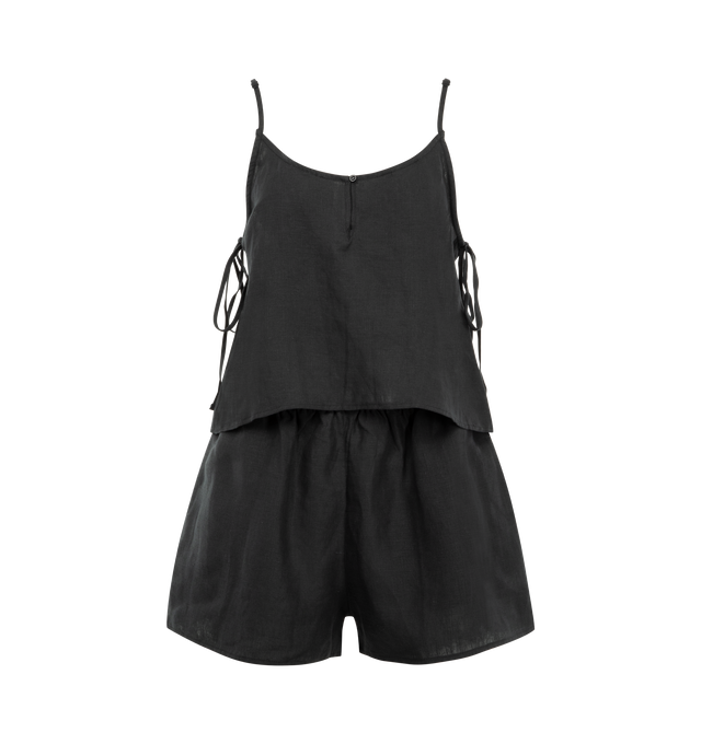 Image 1 of 6 - BLACK - DEIJI STUDIOS V-Neck Cami Set featuring two-piece linen set combining a camisole with matching short for a cohesive, understated look. The top features thin adjustable straps and a small button detail at the neckline, while the short is designed with an elasticated waistband to ensure a comfortable fit. 100% linen. 