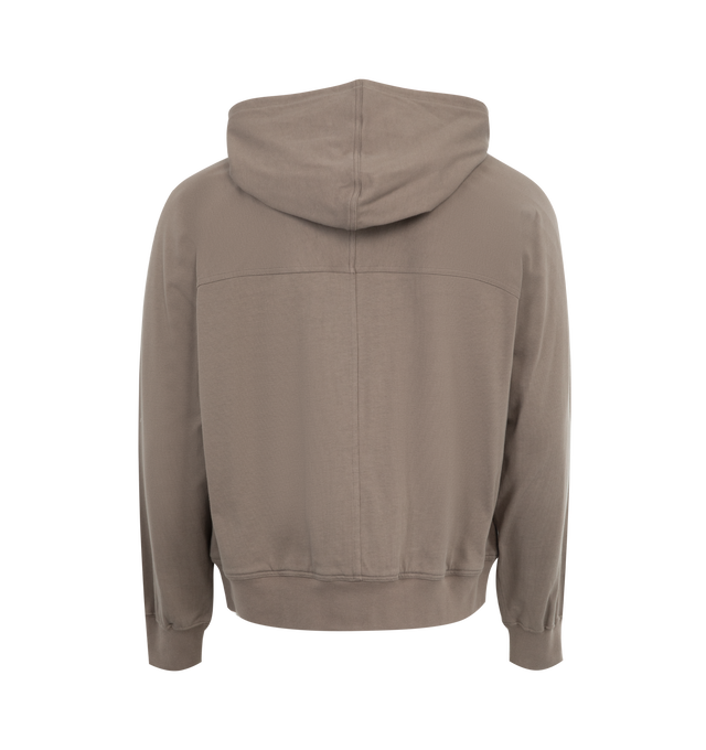 Image 2 of 2 - NEUTRAL - Rick Owens Windbreaker Loose Fit Sweatshirt featuring drawstring hood, long sleeves, signature hanging laces, zip fastening on the front, stud detail on the front,  2 side pockets, ribbed hem and cuffs and silver colored metalware. 100% cotton. Made in Italy. 