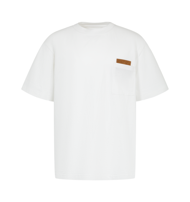 Image 1 of 2 - WHITE - Bottega Veneta Pima Cotton Jersey T-Shirt featuring patch pocket with intrecciato leather detail, short sleeves and crew neck. 100% cotton. Made in Italy.  