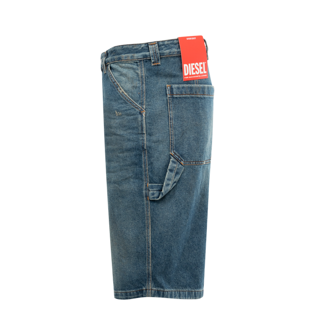 Image 3 of 3 - BLUE - DIESEL D-Livery-Short featuring a relaxed-leg, knee-length fit, workwear-inspired details, such as the hammer loop and small patch pockets on the side of the leg. 100% cotton. 