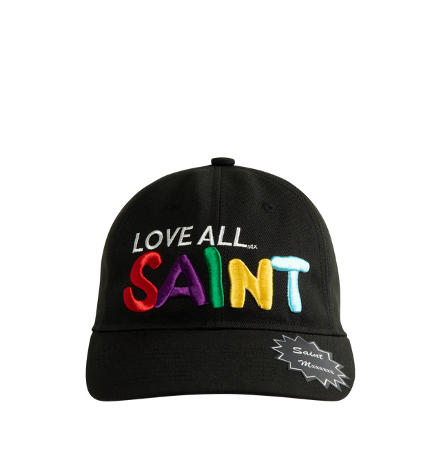 Image 1 of 2 - BLACK - SAINT MICHAEL Love All Cap featuring colorful embroidered logo on the front, "LOVE ALL SAINT" is embroidered on the front and an adjuster is attached to the back. 