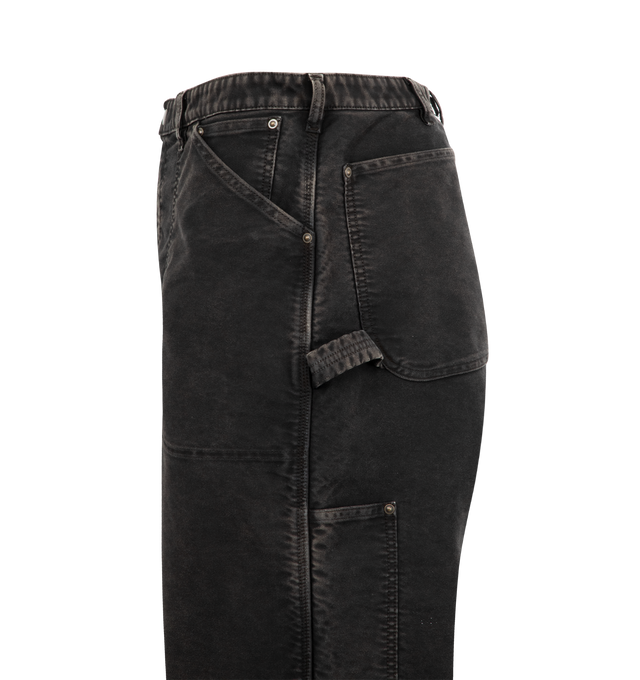 Image 3 of 3 - BLACK - MAISON MARGIELA Utilitarian Pants featuring cotton trousers with reinforced knee panels, utility loop, curved front seams, angled side pockets and four stitches at the back. 100% cotton. Made in Italy. 