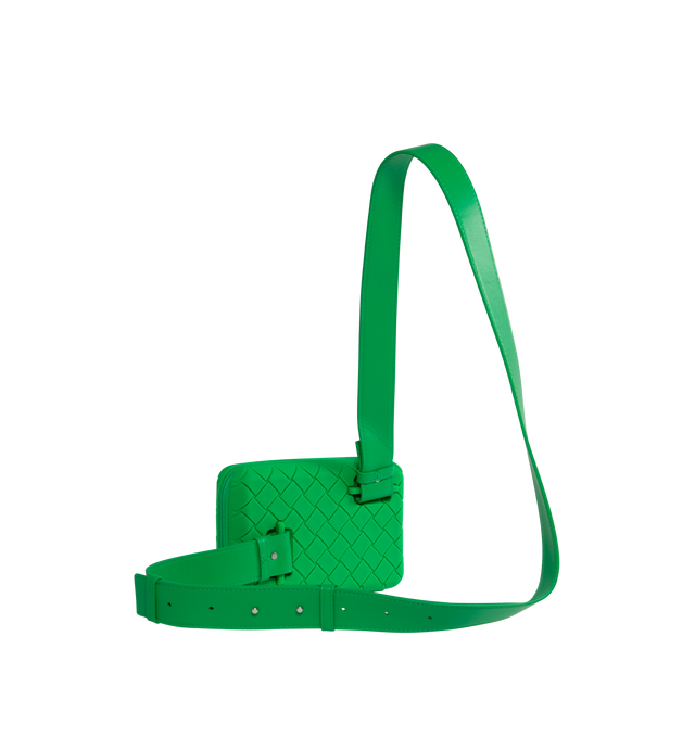 Image 2 of 3 - GREEN - BOTTEGA VENETA Tech Rubber Clutch featuring intreccio rubber silicone clutch with detachable and adjustable leather strap, three interior card slots and zippered closure. 7.3" x 4.3" x 2". Strap drop: 18.9". 100% calfskin. Made in Italy. 