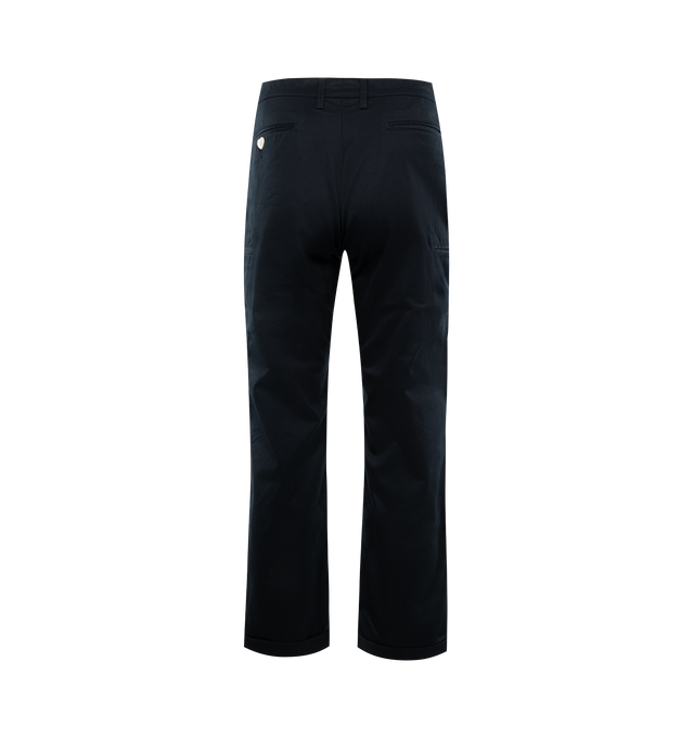 Image 2 of 3 - NAVY - HUMAN MADE Chino Pants featuring wide fit, zip fly, original logo tack buttons, straight leg with front pleat, tonal embroidered logo on the thigh, two hand pockets, four welt pockets on the back and turn-up hems. 100% cotton. 