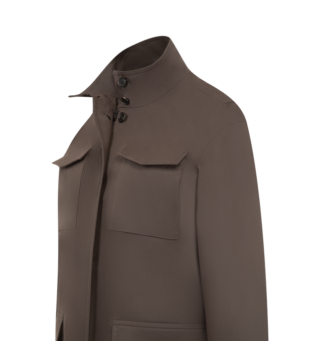 Image 3 of 3 - BROWN - THE ROW Floriane Jacket featuring a high neck, large flap pockets and flap chest pockets, drawstring waist and concealed zipped front. 94% cotton, 4% cashmere, 2% elastane. Made in Italy. 