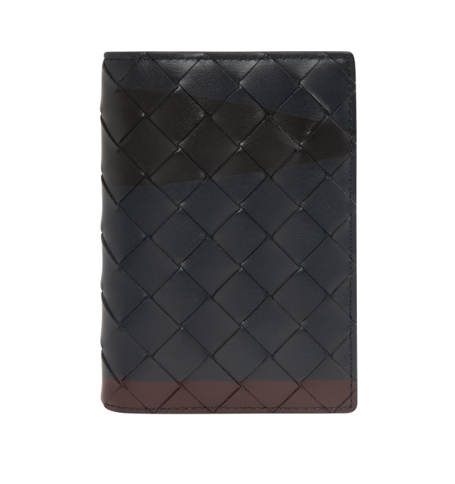 Image 1 of 3 - NAVY - BOTTEGA VENETA Intrecciato Passport Case featuring an airbrushed tri-color pattern, intrecciato calfskin leather, five card slots and two additional pockets. 5.2" x 3.7" x 0.2". Calfskin. Made in Italy. 