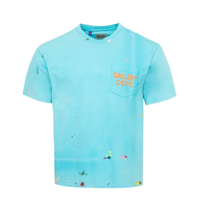 BLUE - GALLERY DEPT. Vintage Logo Tee featuring boxy fit with understated ribbed accents at the neckline and cuffs, faded screen-printed logo on both front and back along with paint splatter. 100% cotton.