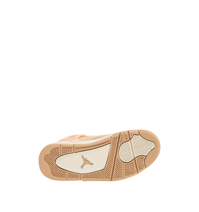 Image 4 of 5 - BROWN - NIKE Air Jordan 4 Retro Sneaker featuring velvety nubuck and smooth leather, metallic silver accents, real and synthetic leather combines with grid mesh underlays, Max Air cushioning, free-floating eyestays near the ankle and rubber outsole with herringbone tread pattern. 