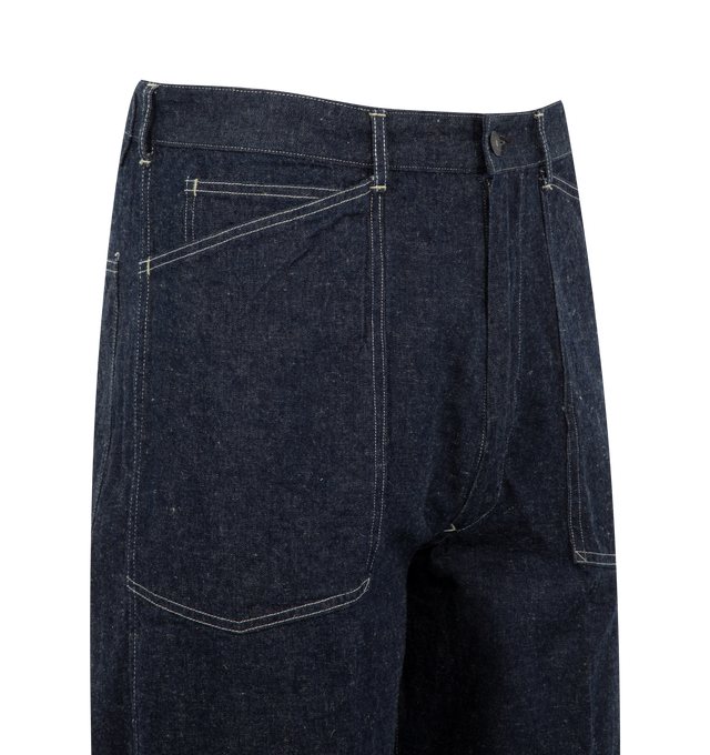 Image 3 of 3 - BLUE - KAPTAIN SUNSHINE 35 Baker Jeans featuring cotton-linen blend, raw denim, contrast stitching, adjustable strap to the rear, concealed fly and button fastening, straight leg and classic five pockets. 85% cotton, 15% linen/flax. 