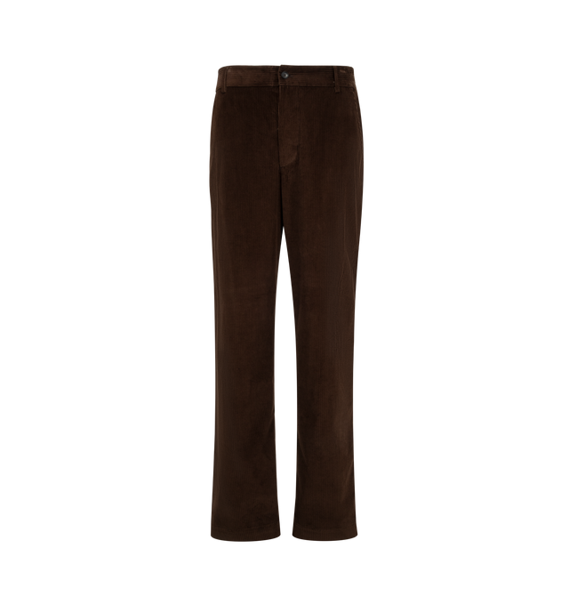 Image 1 of 1 - BROWN - Moncler Men's Leather Logo Corduroy Pants are crafted from corduroy cotton and feature a refined contemporary silhouette inspired by classic menswear textures. Designed with a drawstring waistband, button and zip closure, snap-button pockets, and rib-knit trim, these trousers are finished with a leather logo patch at the back. Main Material: 100% Cotton. Leather Patch: Cow Leather. Made in Italy. 