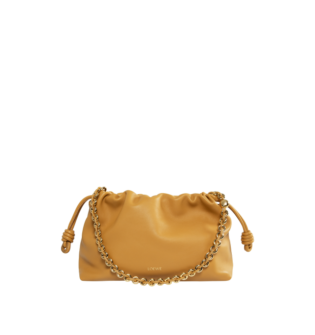 BROWN - Loewe Flamenco Purse crafted in mellow nappa lambskin in a ruched design featuring knots at the sides, magnetic closure and detachable donut chain. Versatile and functional, it can be carried as a clutch, worn over the shoulder using the donut chain or crossbody with the accompanying leather strap.  Nappa leather with suede lining. Height 7.9" X Width 11.8" X Depth 4.1". Adjustable Strap length (inches) 37" to 47". Made in Spain.