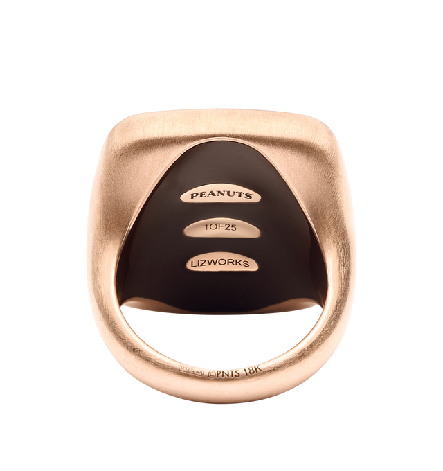 Image 4 of 4 - GOLD - LIZWORKS X PEANUTS Jazz Snoopy Rose Gold Square Face Ring featuring18k rose gold ring with 3 white diamonds, 2 brown and chocolate brown enamel. 22 mm x 23 mm. Hirshleifers offers a range of initial pieces from this collection in-store. For personal consultation and detailed information about jewelry, please contact our dedicated stylist team at personalshopping@hirshleifers.com. This item may be restricted for online purchase to international clients. For assistance purchasing this it 
