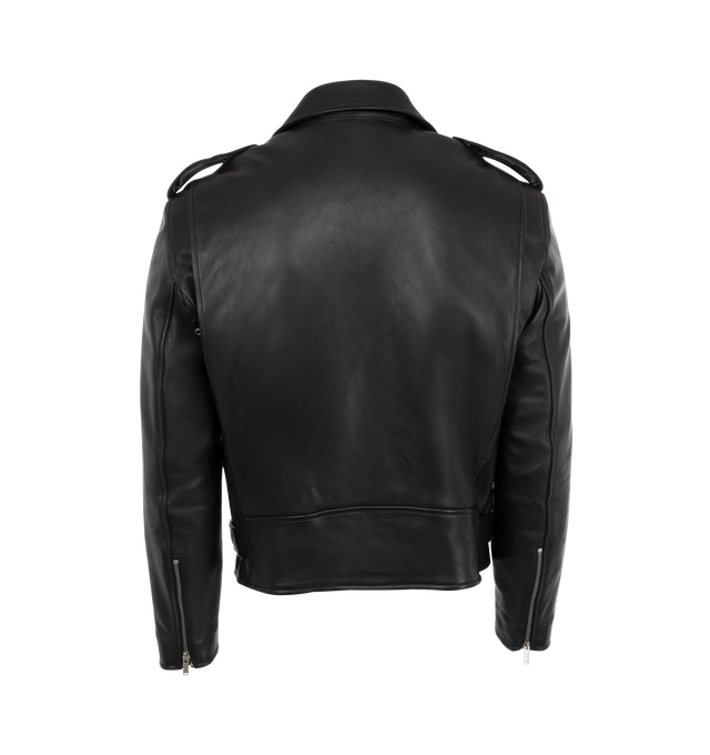 Image 2 of 2 - BLACK - Saint Laurent Men's biker jacket with a two-way collar, featuring an asymmetrical front zip, shoulder epaulets, matching zip pockets and cuffs, cupro and cotton lining, front zip closure, three jetted pockets with zip, one ticket pocket with snap-button flap, one inner patch pocket and snap-button epaulets. 100% LAMBSKIN. Made in Italy. 