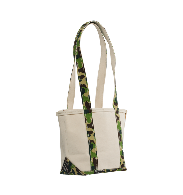 Image 2 of 3 - WHITE - SAINT MICHAEL AP Small Tote Bag featuring long camo strap, canvas tote and open top. 100% cotton.  