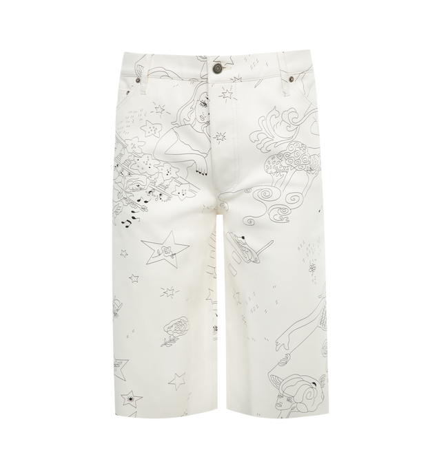 Image 1 of 3 - WHITE - COUT DE LA LIBERTE Zander Princess Leather Baggy Short featuring button front closure, 5 pocket styling, graphic throughout and wide leg. 100% lambskin. Made in USA. 