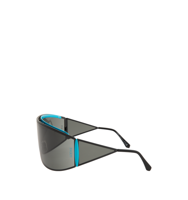 Image 2 of 3 - BLACK - LOEWE Speed Shield Sunglasses featuring shield-shape in a wraparound metal construction with a lens that extends into a distinctive triangle-shaped temple, complemented by contrast trim, universal fit, UVA/UVB protection and engraved LOEWE. Metal. Temple size: 12 cm. Made in Italy. 