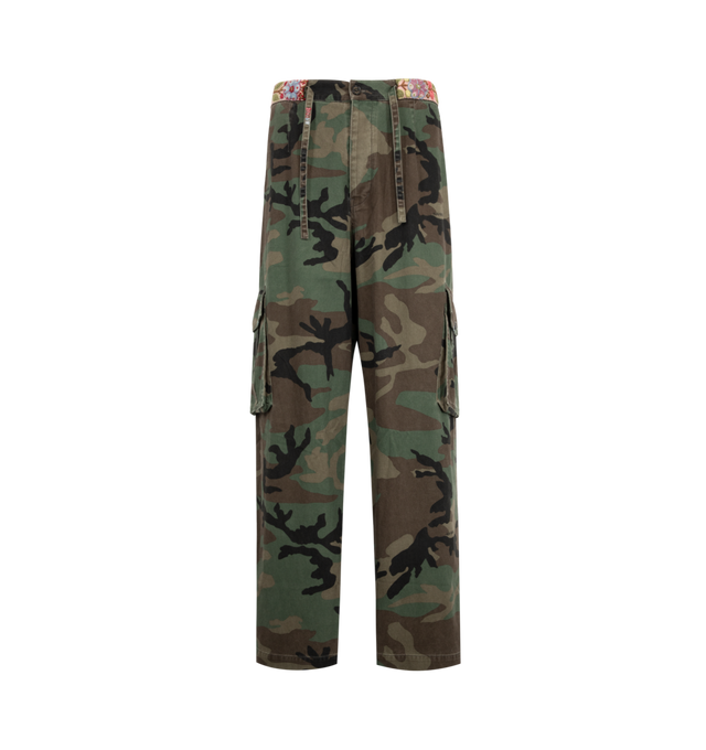 Image 1 of 3 - GREEN - Nahmias Men's Camo Volume Cargo is crafted from cotton and features a voluminous cargo silhouette accented by rainbow repair stitch detailing throughout. Designed in Los Angeles, this style is finished with a handcrafted Peruvian crochet belt at the waist, with each belt featuring unique color variations. Main Material: 100% Cotton.  
