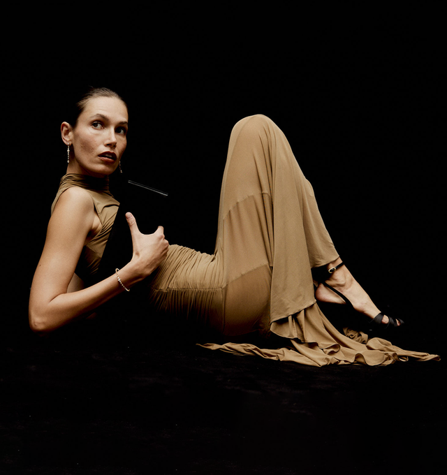 Image 3 of 4 - BROWN - MAGDA BUTRYM High-Neck Cupro Midi Dress featuring sheer midi dress, a fitted high-neck bodice, flowy midi skirt and ruching at the waist to create an elongated drop-waist effect. 92% cupro, 8% elastane. 