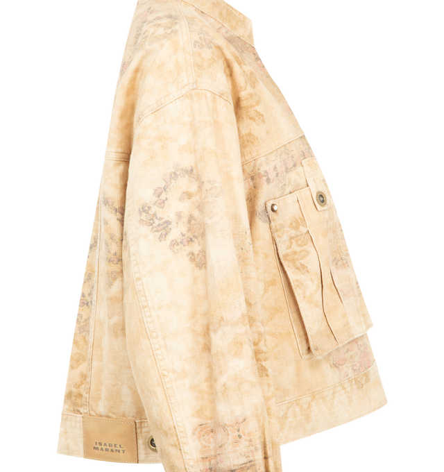 Image 3 of 3 - BROWN - ISABEL MARANT Cyndel Jacket featuring lightweight cotton denim jacket with washed mandala print, straight cut, slightly raised collar, vintage bronze metal buttons, dropped shoulders with wide armholes, long sleeves, cuffs with a vintage bronze metal button, front gusset pockets with buttoned flaps, adjustable button tabs on the waist and leather label in back with an embossed "Isabel Marant" logo. 100% cotton. 