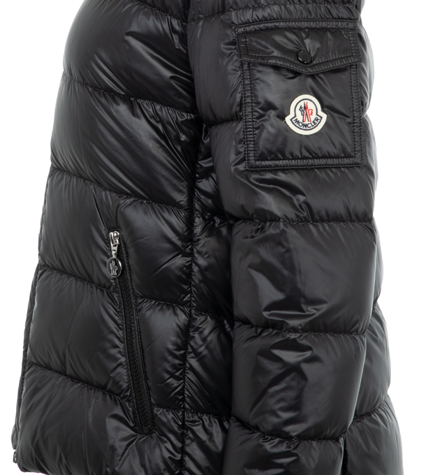 Image 3 of 3 - BLACK - Moncler Gles Jacket has an attached hood, a 2-way zip front, an inner front flap, zipper pockets, and a chest pocket with a button closure. Fill 90% down, 10% feather. Exterior 100% polyamide. Made in Moldova.  