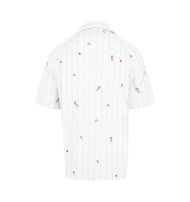 Image 2 of 2 - WHITE - JACQUEMUS Romarin Short-Sleeve Shirt featuring vegetable raglan bowling shirt, relaxed fit, vegetable motif striped cotton jacquard, camp collar, raglan sleeves, boxy elbow-length sleeves, patch chest pocket, "J" loop on the back, pleated back and faux horn buttons. 100% cotton. Made in Portugal. 