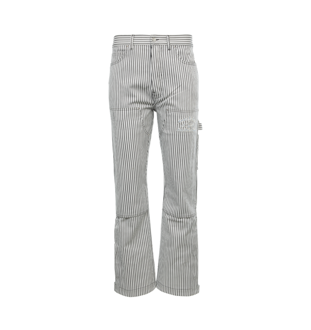 Image 1 of 4 - MULTI - AMIRI Striped Carpenter Pants featuring regular rise, five-pocket style, reinforced front legs, painter loop at side, utility pockets on legs, full length, relaxed fit through straight legs and button zip closure. 100% cotton. Made in Italy. 