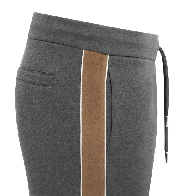 Image 3 of 3 - GREY - MONCLER COLOR BLOCK SWEATPANTS featuring contrasting-colored fabric back, fabric back side bands, nylon piping, waistband with drawstring fastening, side and back welt pockets, logo lettering and debossed leather logo. 80% cotton, 20% polyester. 