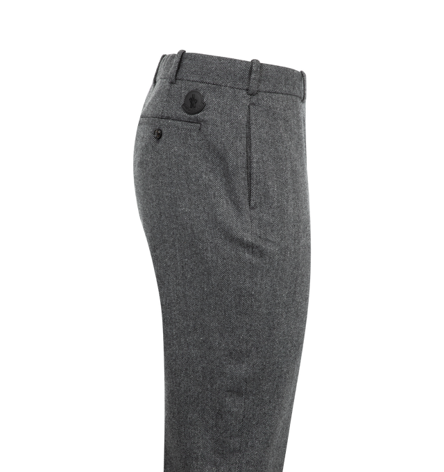 Image 3 of 3 - GREY - MONCLER Wool Blend Pants featuring wool and nylon blend, waistband with drawstring fastening, zipper closure, pockets with button closure and leather logo patch. 80% virgin wool, 20% polyamide/nylon. 