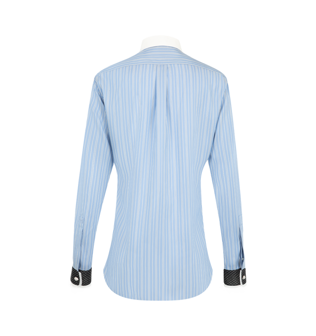 Image 2 of 2 - BLUE - Tom Ford Women's Striped Silk Shirt With Contrast Details is crafted from striped silk and features a small fit, a concealed placket with self-covered buttons, a crepe de chine contrast collar, and white losange organza pliss cuffs. Designed with a back yoke for structure and finished with jewel buttons at the cuffs, this refined shirt balances tailored construction with distinctive contrast detailing. Main Material: 100% Silk. Made in Italy. 
