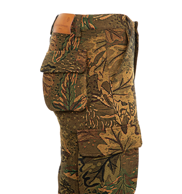 Image 3 of 3 - BROWN - UNTITLED ARTWORKS Jacquard Camouflage Knit Trousers featuring paneled construction, jacquard knit camouflage pattern, belt loops, back logo patch, front button and concealed zip fly closure, inset pockets, back flap pockets, side cargo pockets and logo patch, wide leg and loose fit. 100% cotton. 