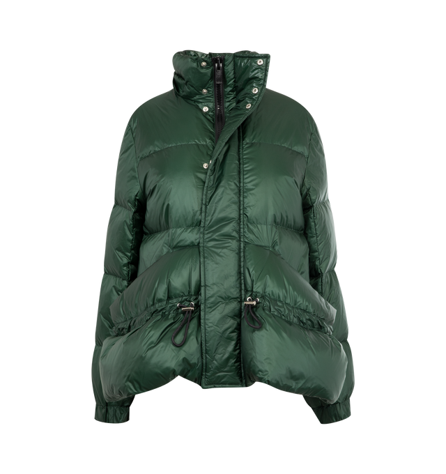Image 4 of 4 - GREEN - SACAI Puffer Jacket featuring a removable hood, long sleeves with elasticized cuffs, front pockets, drawstring waist and concealed snap button front with a zip overlay. 100% nylon. 