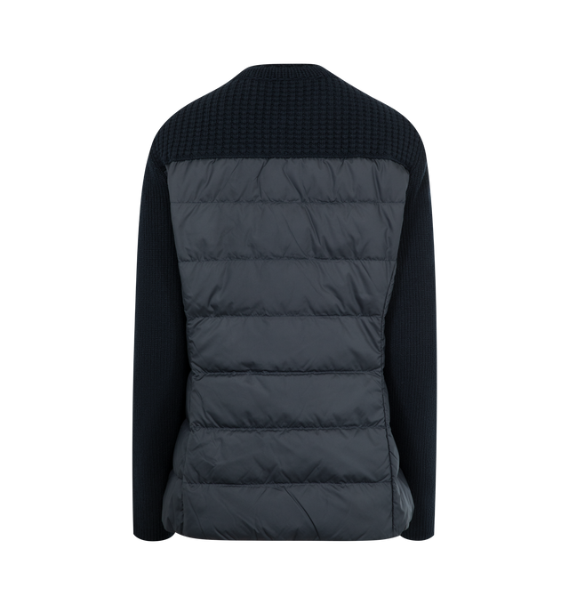 Image 2 of 2 - NAVY - MONCLER Wool Zip Cardigan featuring gold-tone hardware, round neckline, long sleeves, flap pockets, tailored fit and two-way zip-front. Virgin wool, polyester. Lining: polyester. 
