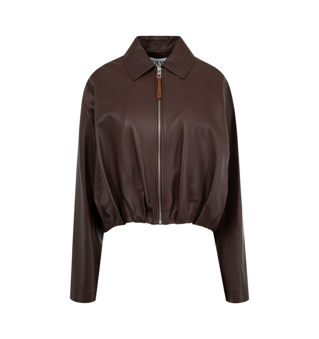 Image 1 of 3 - BROWN - LOEWE Draped Jacket in lightweight soft nappa lambskin featuring a balloon silhouette with asymmetric hand-gathered draping at the back, regular fit, short length, classic collar, zip front fastening, seam pockets, inside welt pocket, fully lined and LOEWE embossed leather patch placed at the back. Nappa. Made in Italy. 