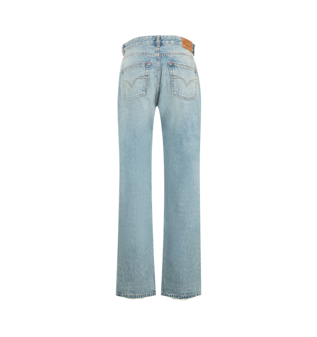 Image 2 of 3 - BLUE - Isabel Marant Women's Dayali Reg Jeans are crafted from vintage-blue cotton denim and feature a low-rise waist with a long-leg boyfriend fit. Silver-tone star studs embellish the back, coin pocket, and legs, while red contrast stitching, a signature red rivet, a studded leather jacron, and frayed hems complete the design. Finished with front scoop pockets and back patch pockets. Main Material: 100% Cotton. 
