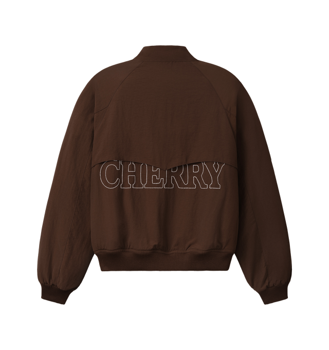 Image 2 of 7 - BROWN - Cherry LA Nylon Championship Jacket is crafted from nylon and features a regular-fit silhouette, a front nickel zip closure, and rib-knit cuffs and hem. Designed with a brushed cotton lining, welt pockets with hidden snap closures, and embroidered detailing at the neck and center back, this lightweight jacket draws inspiration from classic championship styles with a contemporary finish. Main Material: Nylon. Lining: Brushed Cotton. Made in Los Angeles, USA. 