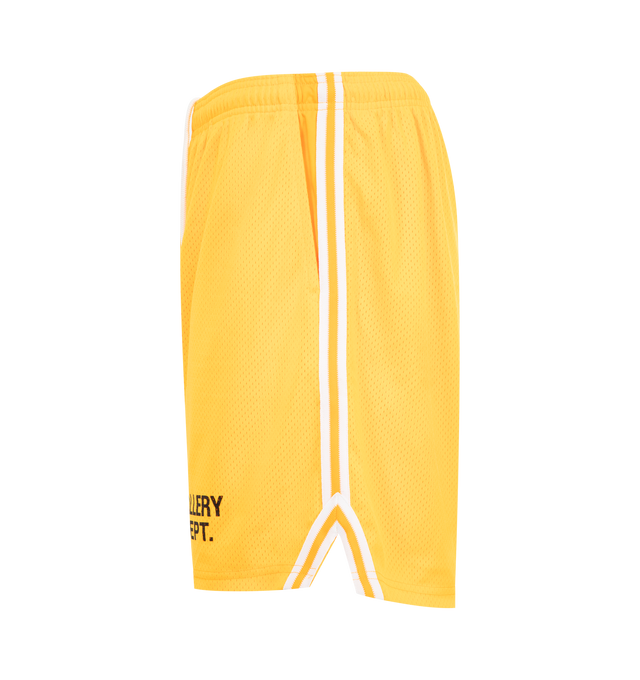 Image 3 of 3 - YELLOW - GALLERY DEPT. Venice Court Shorts featuring breathable mesh jersey with a GD ENGLISH logotype at front, balloon fit with an elasticized waistband and inner drawstring, front slip pockets, white striped piping over seams and double lining. 100% Polyester. Made in USA. 