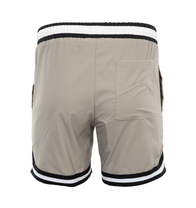 Image 2 of 4 - GREY - RHUDE Logo Basketball-Style Swim Shorts featuring elasticized drawstring waistband, side-seam pockets, contrast striped trim and a relaxed silhouette. 100% polyester. Lining: 85% nylon, 15% spandex. Made in Portugal. 
