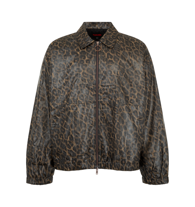 Image 1 of 3 - BROWN - Pleasures Men's Leopard Waxed Jacket is crafted from waxed cotton ripstop and features an allover printed leopard pattern. Designed in a blouson silhouette, the jacket is finished with a two-way zip closure and a graphic patch at the center-back lining. Main Material: 100% Waxed Cotton Ripstop.  