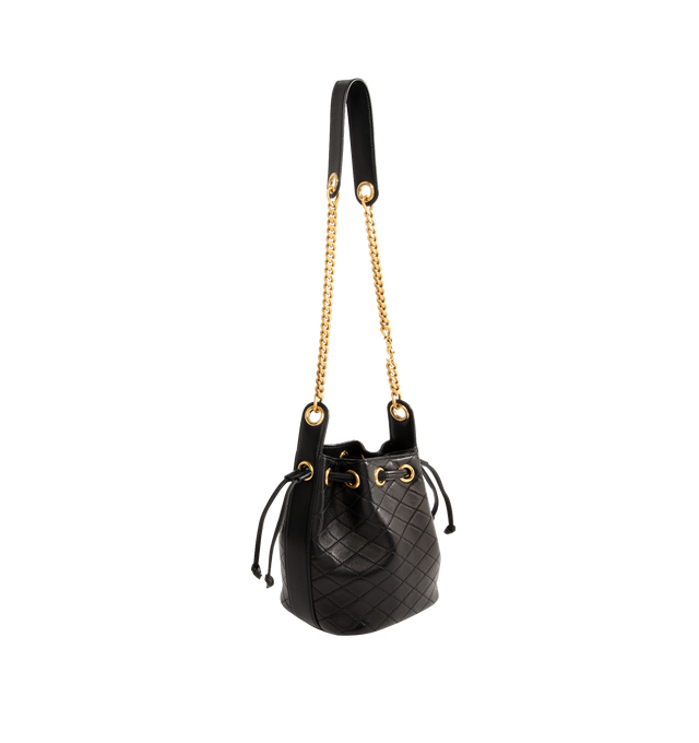 Image 2 of 3 - BLACK - SAINT LAURENT Chain Bucket Bag in quilted lambskin featuring a jewelry chain strap for shoulder carry, leather lining, bronze-tone hardware and drawstring closure. 6.3" x 7.1" x 3.9". Strap drop: 15.7". Lambskin. Made in Italy. 