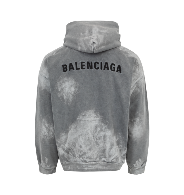 Image 2 of 2 - GREY - Balenciaga Balenciaga Hoodie Medium Fit in grey archetype fleece featuring hood without drawstring, dropped shoulders, 1 kangaroo pocket on front, gathered at cuffs and waistline with Balenciaga back logo embroidered at front and back. Made in Portugal. 100% cotton. 