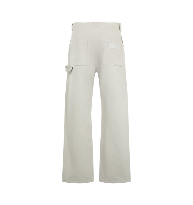 Image 2 of 3 - GREY - Loewe Men's Cargo Trousers are crafted from medium-weight grey cotton canvas and feature a regular fit with a mid-rise waist, straight leg, and regular length. Wire-trimmed flap pockets, slash pockets, rear patch pockets, a hammer loop, and a concealed zip fly define the utility-inspired design, while a Loewe rubber patch accents the rear pocket. Main Material: Cotton. Made in Italy. 