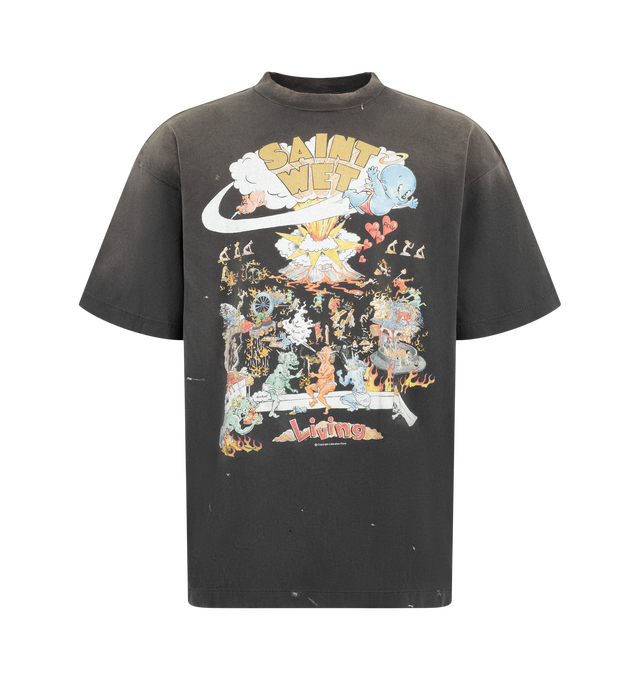 Image 1 of 2 - BLACK - Saint Mxxxxxx's Men's 'Living' T-shirt is made from cotton-jersey, sulphur-dyed and stone-washed for a worn-in finish. The faded surface provides a backdrop for a punk-inflected pastiche print. Material: 100% cotton. Made in Japan. 