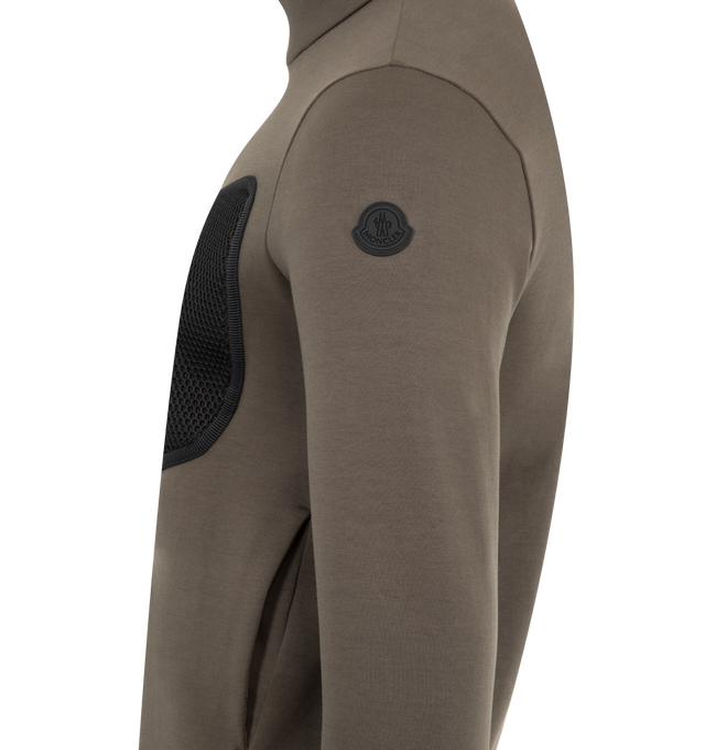 Image 3 of 3 - BROWN - MONCLER Logo Cotton Zip-Up Sweatshirt featuring cotton interlock, collar, zipper closure, side pockets, zipped chest pocket in mesh and nylon and logo details. 71% cotton, 29% polyester. 