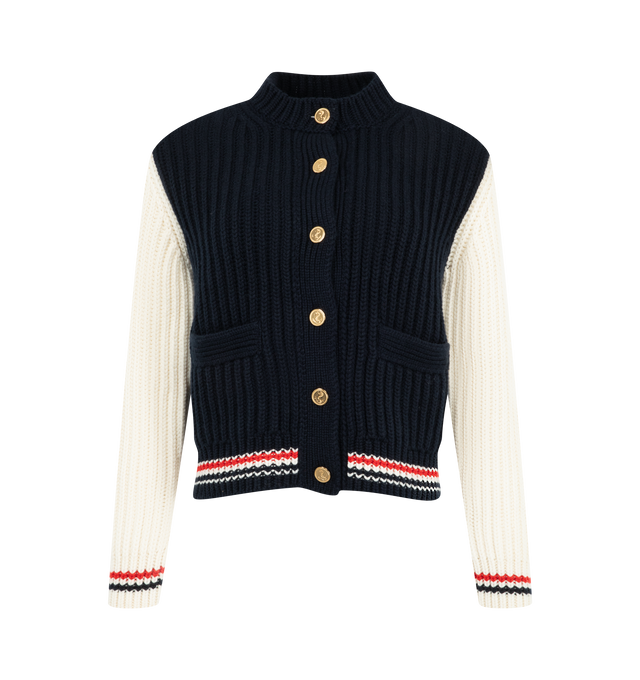 Image 1 of 2 - NAVY - Thom Browne Women's Half Cardigan Stitch Crew Neck Cardigan is crafted from chunky cashmere and features a half-cardigan stitch construction, a crew neckline, and the brand's signature RWB stripe detailing. Designed as a substantial knit layering piece. Main Material: Cashmere. Made in Italy. 