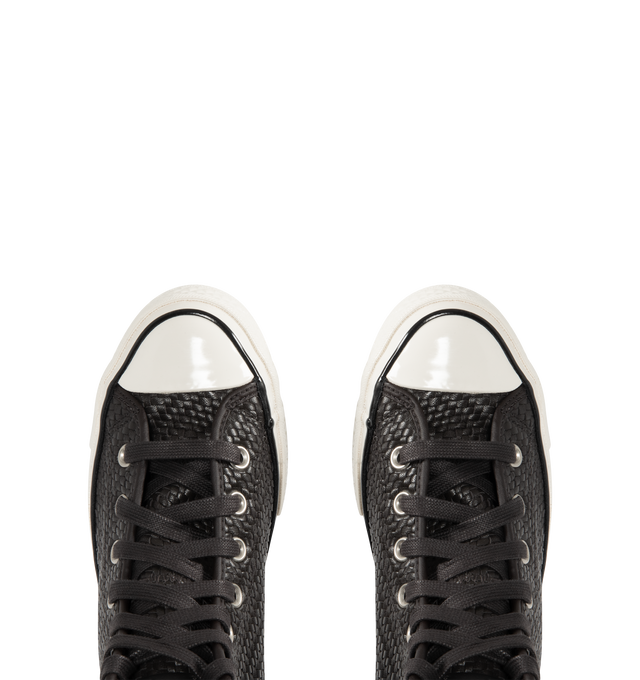 Image 5 of 5 - BLACK - CONVERSE Chuck 70 Woven Leather High Top Sneaker featuring premium woven leather upper, OrthoLite cushioning, varnished, off-white midsole and toe cap, tonal laces and signature leather Chuck Taylor ankle patch and classic All Star license plate. 