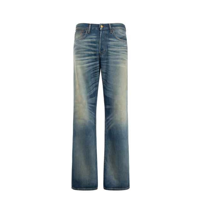 Image 1 of 3 - BLUE - Acne Studios Men's 2010M Streams Jeans are crafted from lightweight indigo-blue broken twill denim and feature a regular-fit silhouette with a low waist and straight leg. Finished with contrasting whiskering and scraping for an authentic worn-in appearance, these jeans are designed with a long length, classic five-pocket construction, and a button fly closure. Main Material: 82% Cotton, 18% Lyocell. Patch: 100% Cow Leather.  