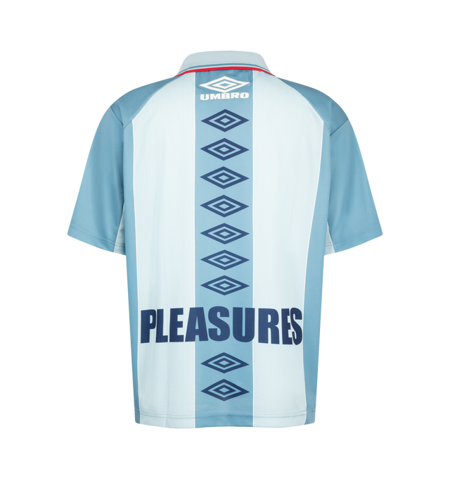 Image 2 of 2 - BLUE - Pleasures Men's Two Cats Jersey is crafted from lightweight polyester and features a classic soccer jersey silhouette. Designed with an allover sublimated graphic, the jersey is finished with embroidered detailing and a graphic patch at the center front for a signature branded touch. Main Material: 100% Polyester. 